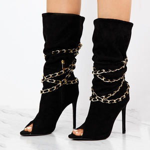 Women chain d¨¦cor mid calf peep toe side zipper stiletto heels