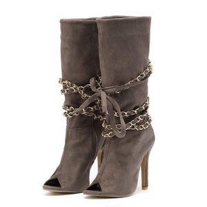 Women chain d¨¦cor mid calf peep toe side zipper stiletto heels