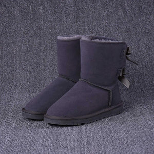 Women Leather Flat Heel Bowknot Lining Faux Fur Winter Keep Warm Snow Boots