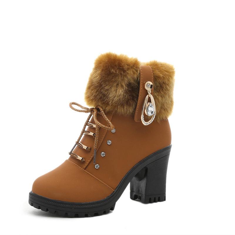 Women High Heel Antiskid Chunky Platform Studded Rhinestone Winter Lace Up Fur Boots