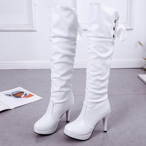 Women stiletto high heel platform back lace up knee high boots