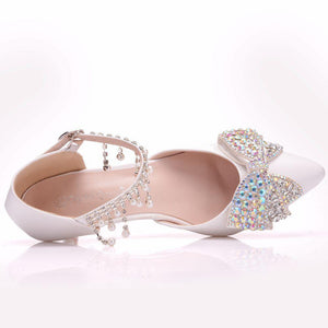 Rhinestine bowknot wedding heels ankle tassels pearls closed toe bridal kitten heels