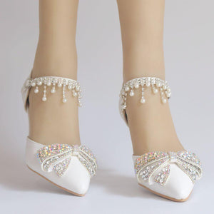 Rhinestine bowknot wedding heels ankle tassels pearls closed toe bridal kitten heels