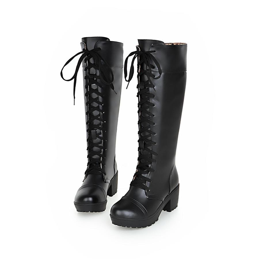 Women chunky heel platform lace up knee high motorcycle boots