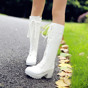 Women chunky heel platform lace up knee high motorcycle boots