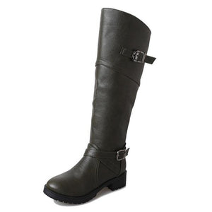 Women's knee high chunky heel boots buckle strap motorcycle boots