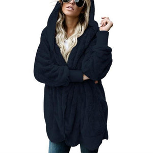 Women faux fur fleece hooded winter warm outerwear