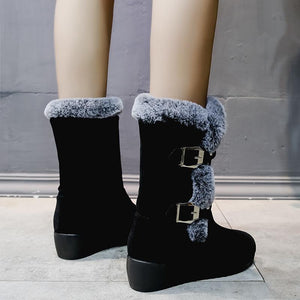 Women buckle straps thick faux fur wedge mid calf snow boots