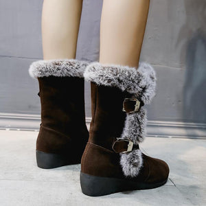 Women buckle straps thick faux fur wedge mid calf snow boots