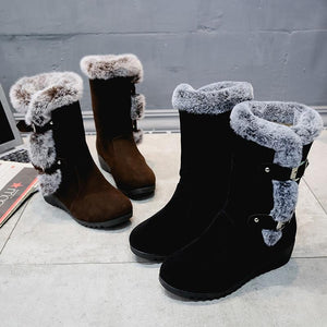 Women buckle straps thick faux fur wedge mid calf snow boots