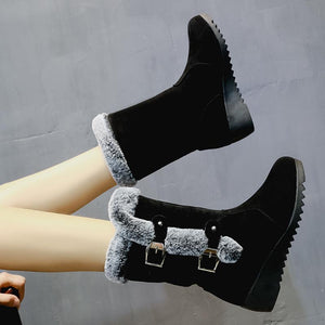 Women buckle straps thick faux fur wedge mid calf snow boots