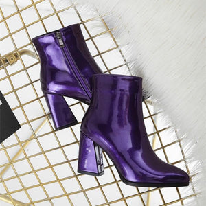 Women metal mirror pointed toe chunky high heel short boots