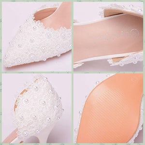 Elegant white lace wedding heels 3"