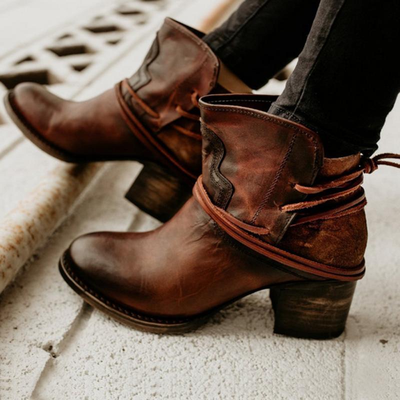 Retro ankle boots mid high block heel wide calf ankle boots