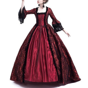Female's Vintage Medieval Trumpet Sleeves Court Dress | Lace Patchwork Large Swing Maxi Dress