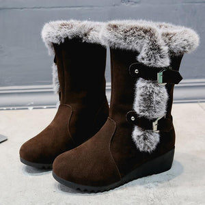 Women buckle straps thick faux fur wedge mid calf snow boots