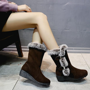 Women buckle straps thick faux fur wedge mid calf snow boots