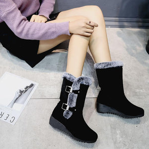 Women buckle straps thick faux fur wedge mid calf snow boots