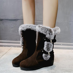 Women buckle straps thick faux fur wedge mid calf snow boots