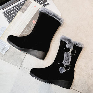 Women buckle straps thick faux fur wedge mid calf snow boots