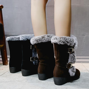 Women buckle straps thick faux fur wedge mid calf snow boots