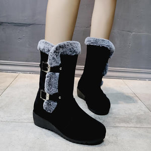 Women buckle straps thick faux fur wedge mid calf snow boots