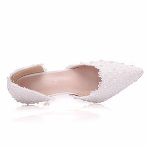 Elegant white lace wedding heels 3"
