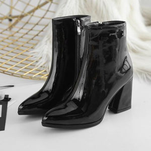 Women metal mirror pointed toe chunky high heel short boots