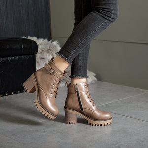 Women platform chunky heel lace up buckle strap ankle boots