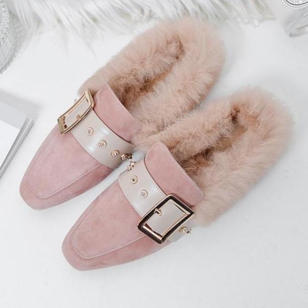 Women winter closed toe fluffy warm slip on flats