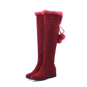 Women winter fuax fur warm flat heel over the knee snow boots