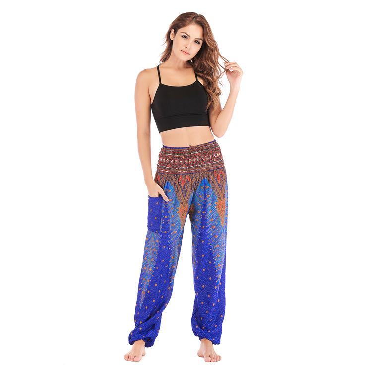 Bohemia Peacock Pocket Casual Loose Wide Leg Yoga Pants For Women - GetComfyShoes