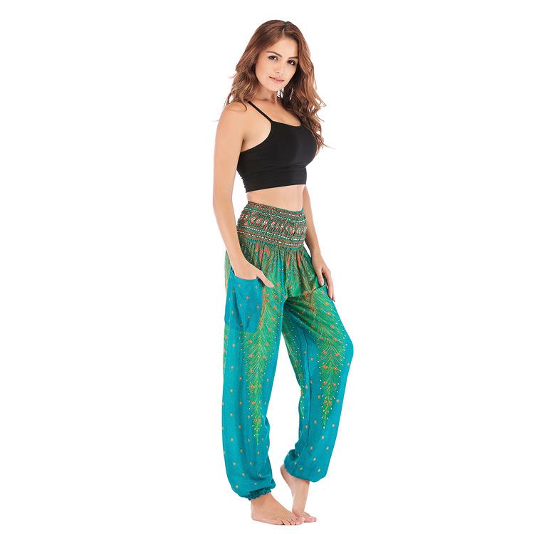 Bohemia Peacock Pocket Casual Loose Wide Leg Yoga Pants For Women - GetComfyShoes