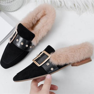 Women winter closed toe fluffy warm slip on flats