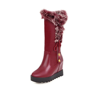 Women lace up faux fur chunky platform wedge winter mid calf boots