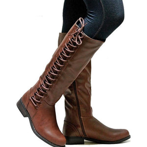 Women block heel side lace up zipper knee high boots