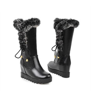 Women lace up faux fur chunky platform wedge winter mid calf boots