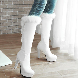 Women fringe faux fur sexy chunky heel platform knee high boots