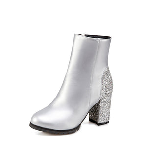 Women sequin chunky heel fashion side zipper short boots