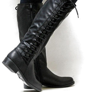 Women block heel side lace up zipper knee high boots