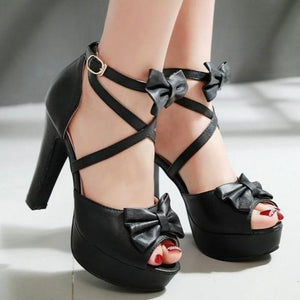 Women chunky high heel peep toe platform bow sandals