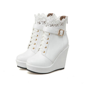 Women lace flower lace up platform wedge heeled booties