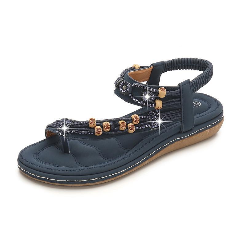 Women's boho beaded flat ring toe beach sandals