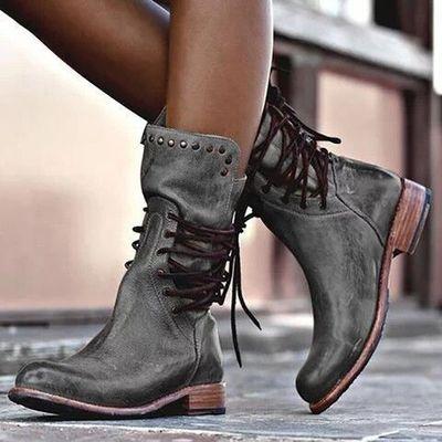 Retro mid calf boots low heeled round toe women's motorcycle boots