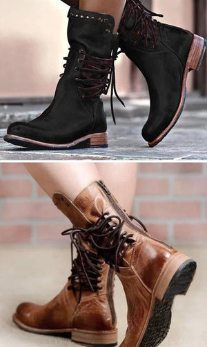 Retro mid calf bots low heeled round toe women's motorcycle boots