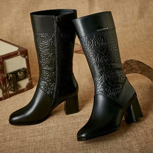 Flowers Printed Retro Winter Lining Warm Fur Women Chunky Heeled Boots