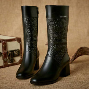 Flowers Printed Retro Winter Lining Warm Fur Women Chunky Heeled Boots