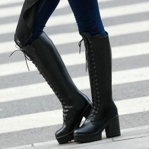 Women chunky heel platform motorcycle lace up knee high boots