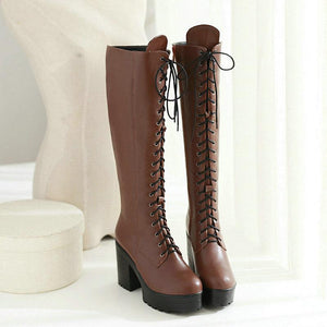 Women chunky heel platform motorcycle lace up knee high boots