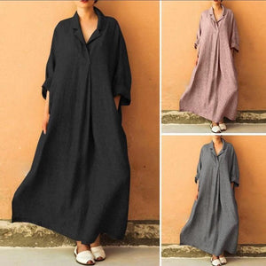 Plus Size V-neck Long Sleeve Solid Color Casual Loose Maxi Dress
